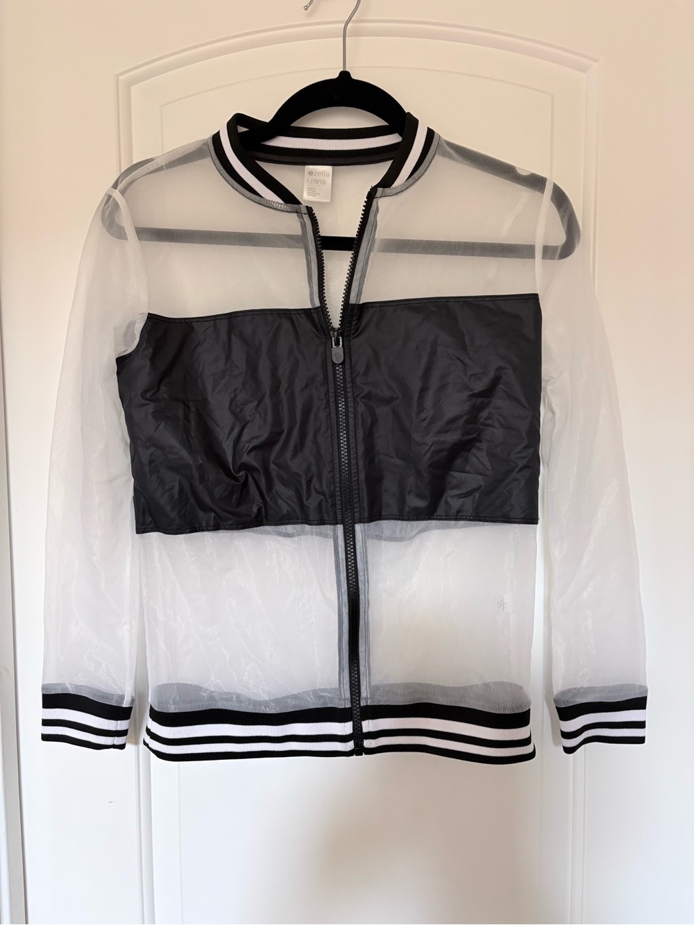 Zella Black and White Sheer Mesh Bomber Jacket